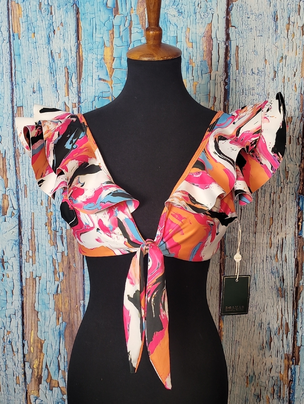 Anthropologie Boamar Tie-Front Ruffled Swim Top - Pink Orange Abstract Print
